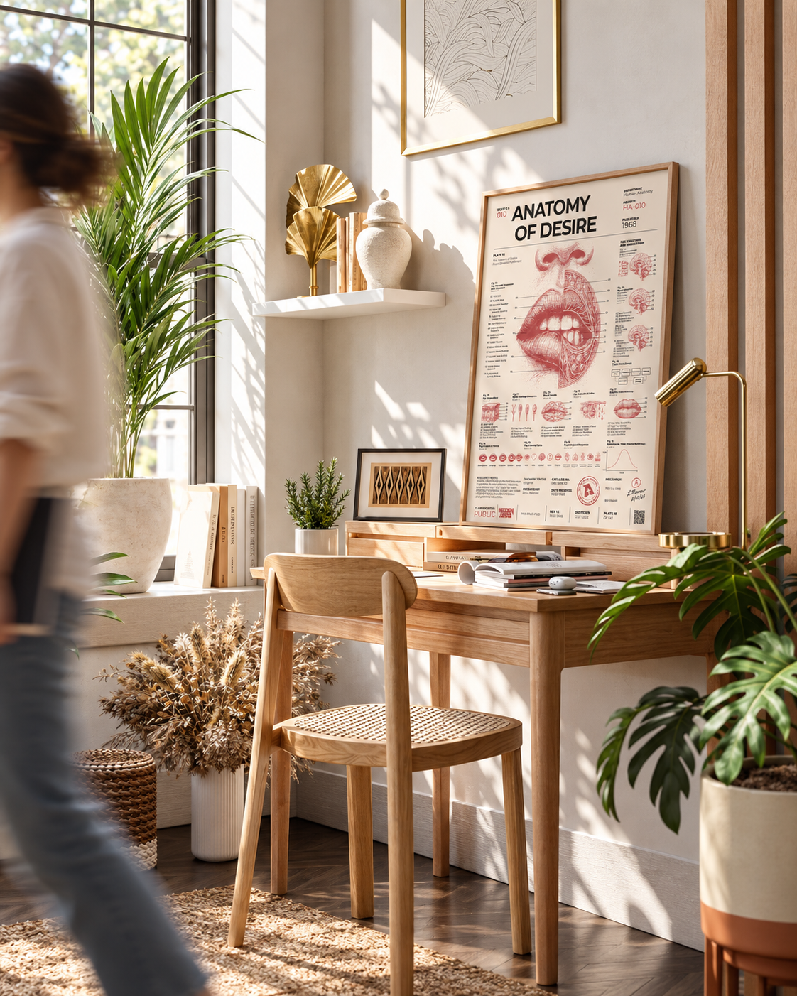 Anatomy of Desire framed poster in a sunlit home office with a motion-blurred person