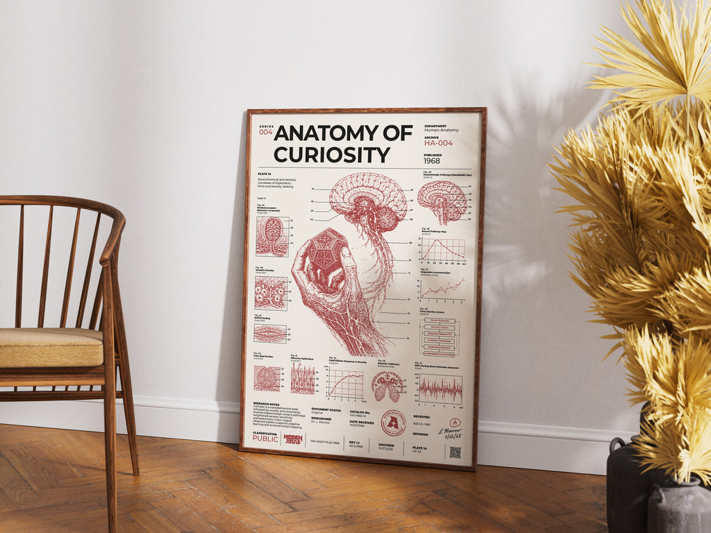 Close lifestyle view of Anatomy of Curiosity framed poster