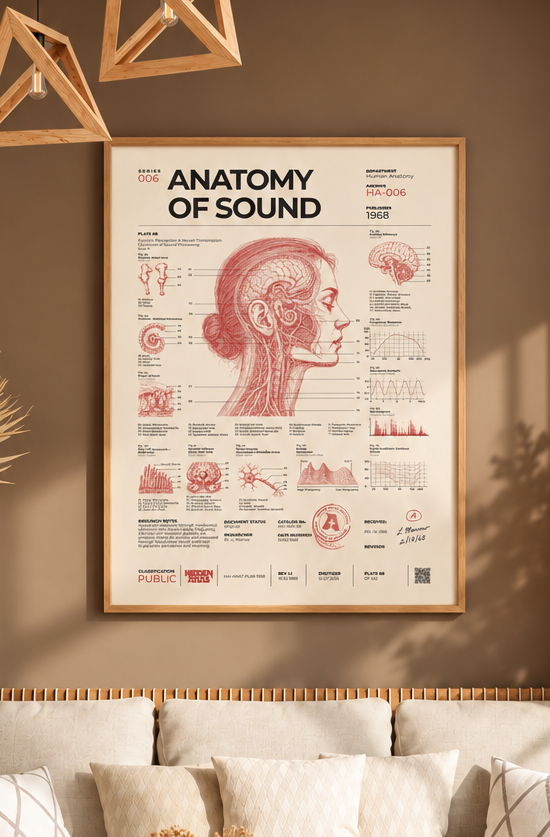 Anatomy of Sound framed poster in a contemporary listening-room interior