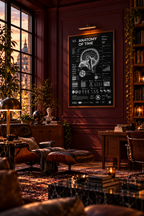 Anatomy of Time — Negative Edition framed poster in a wide burgundy interior