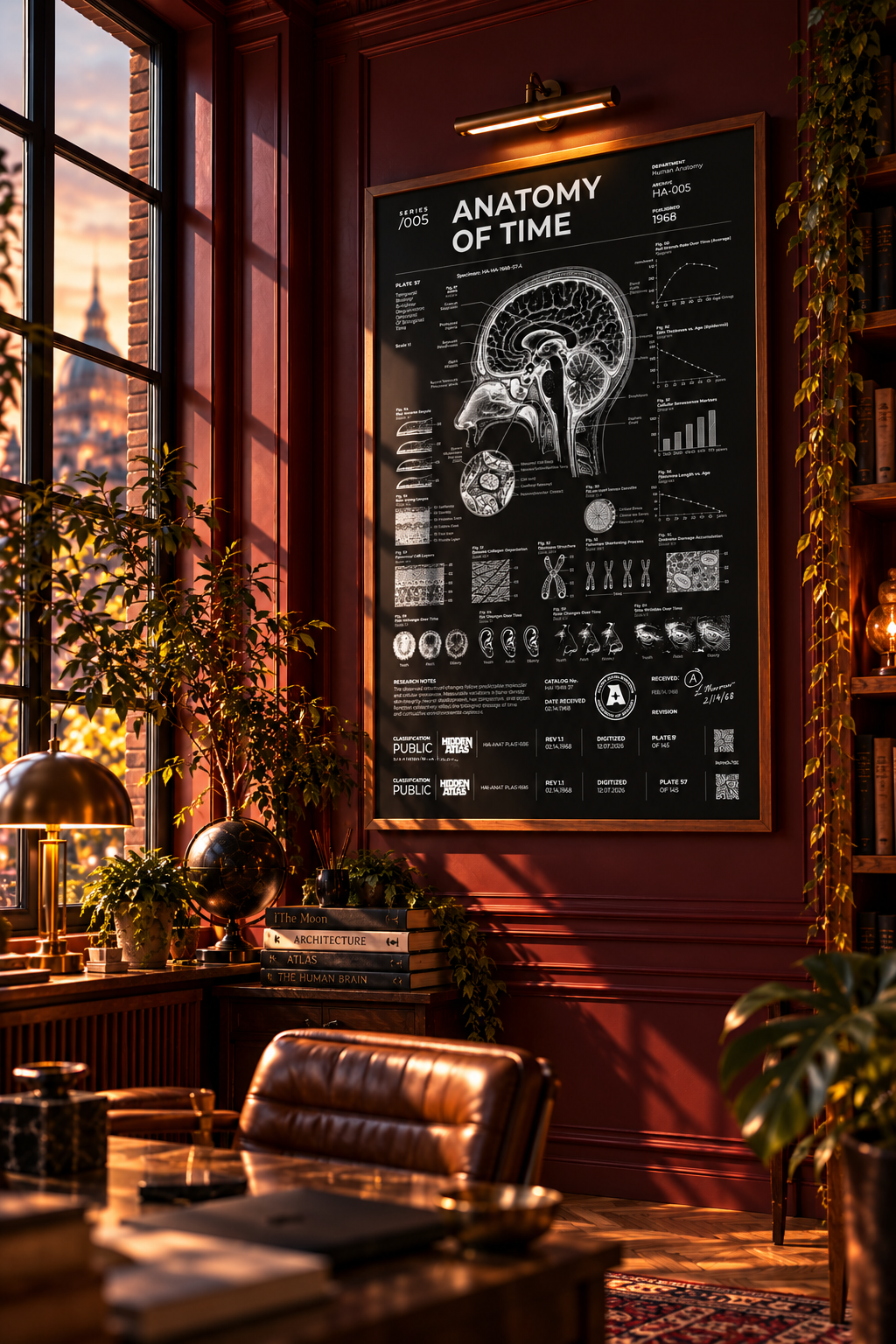 Anatomy of Time — Negative Edition framed poster in a warm burgundy interior