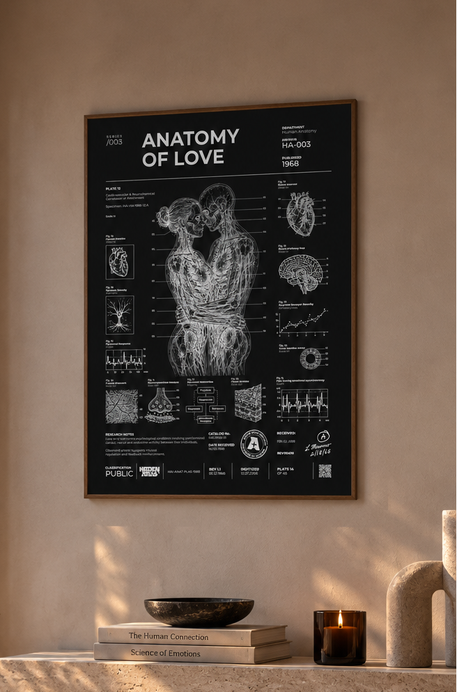 Anatomy of Love — Negative Edition framed poster on a warm neutral wall