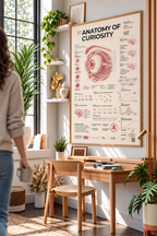 Anatomy of Curiosity framed poster in a bright home office with a softly blurred person